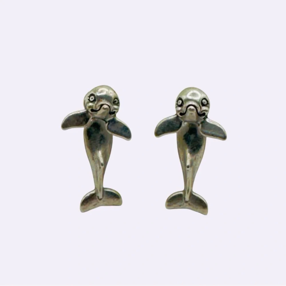 Vintage EARlusion Earrings 3D Pewter Dolphin Studs Silver Tone
